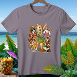 T-shirt with graphic of cats playing music and singing on a beach.