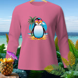 Pink long-sleeve shirt with a cartoon penguin wearing sunglasses on a beach.