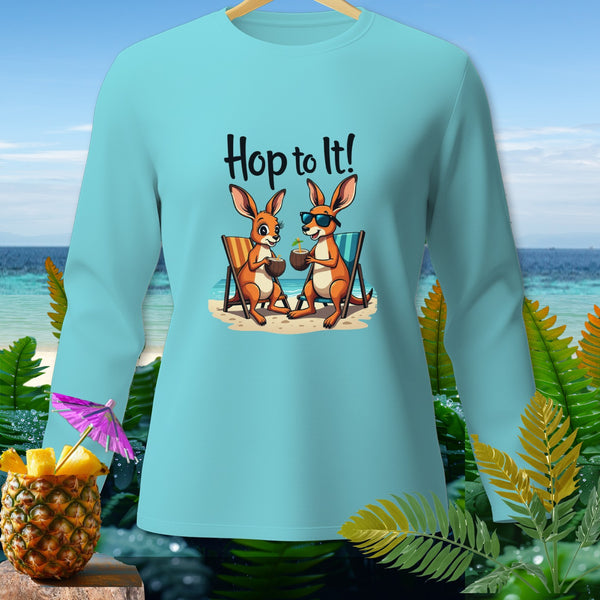 Light blue long-sleeve shirt with two kangaroos relaxing on a beach, "Hop to It!" text.