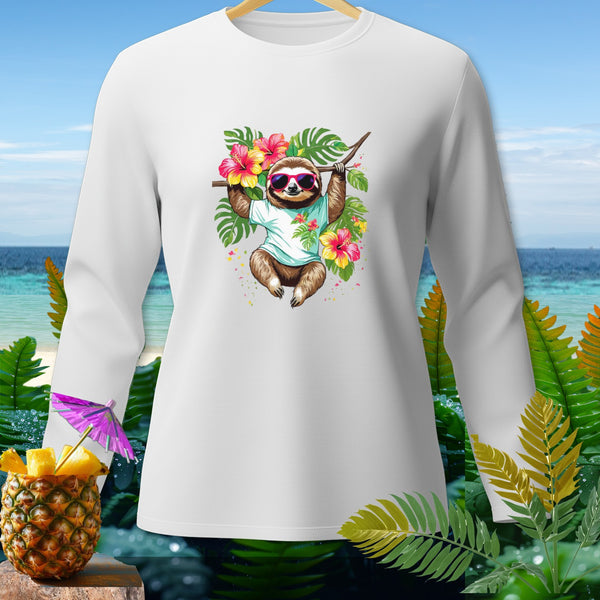 White long-sleeve shirt with a graphic of a sloth wearing sunglasses and holding a branch.