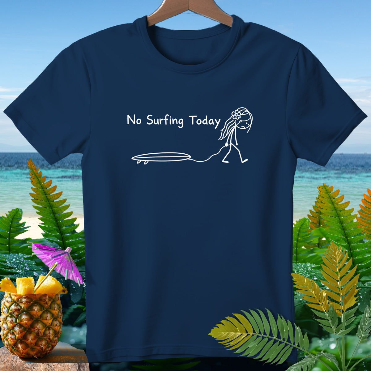 Navy t-shirt with "No Surfing Today" text and a stick figure with a surfboard.