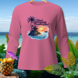 Pink long sleeve shirt with tropical island graphic and text 