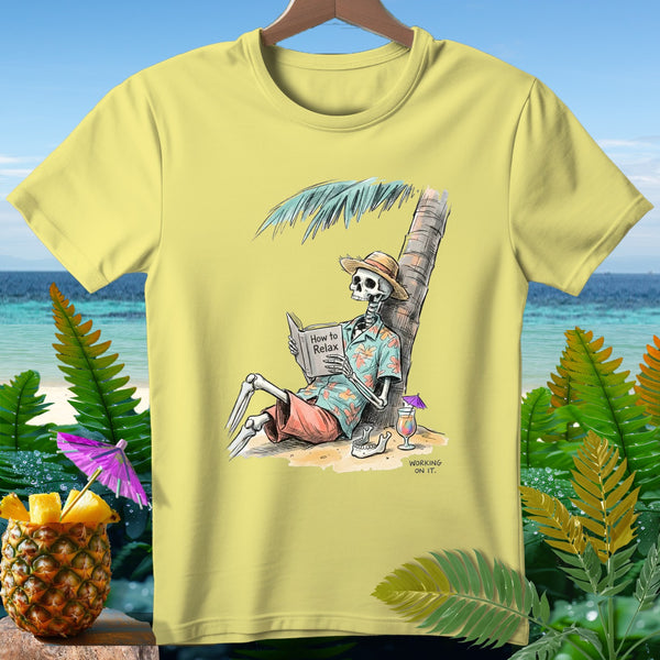 Skeleton wearing a hat reads "How to Relax" book on a tropical beach.