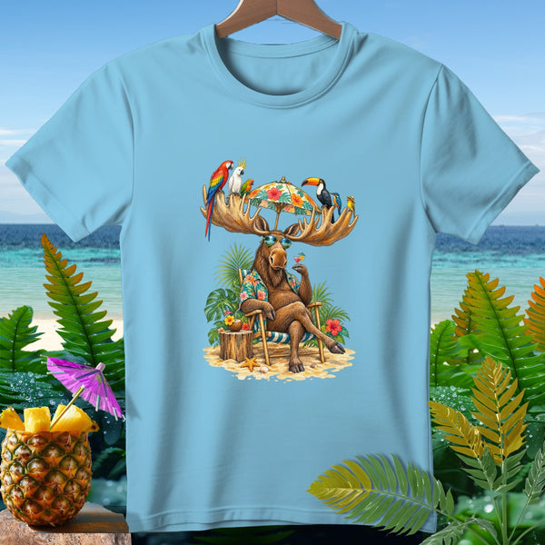 Moose relaxing on beach with tropical birds on antlers and cocktail.