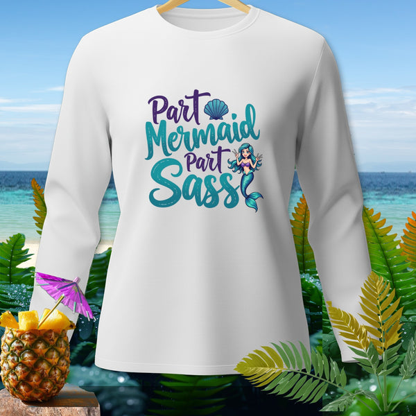 White long-sleeve shirt with "Part Mermaid, Part Sass" graphic and a cartoon mermaid.