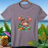 Hippo in pool float with flamingos, tropical background and pineapple.