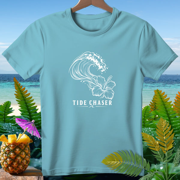 Light blue t-shirt with white wave and hibiscus graphic and "Tide Chaser" text.