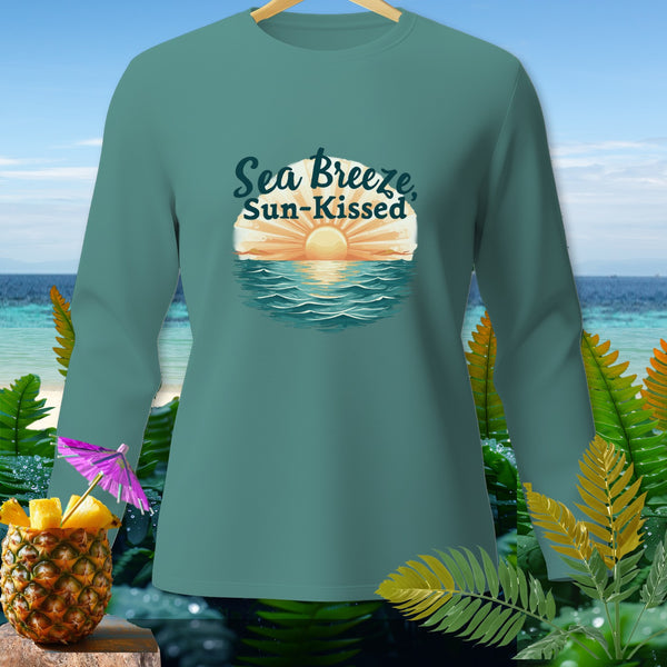 Teal long-sleeve shirt with "Sea Breeze Sun-Kissed" graphic and tropical accents.