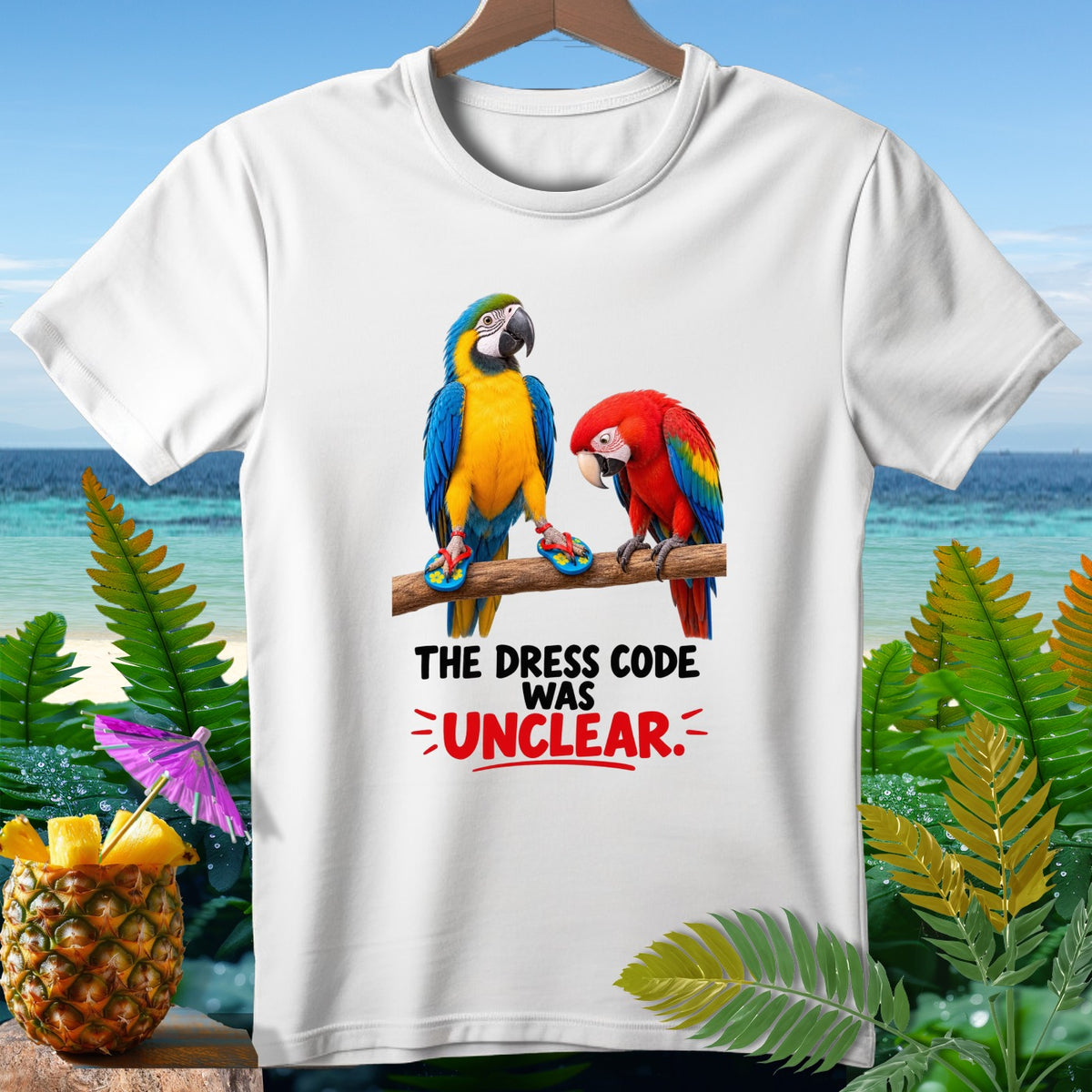 Two parrots wearing flip-flops with text: The dress code was unclear.