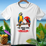 Two parrots wearing flip-flops with text: The dress code was unclear.