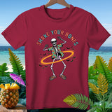 Skeleton in Hawaiian shirt dancing with 