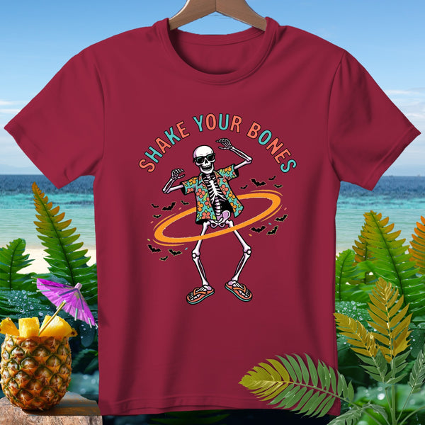 Skeleton in Hawaiian shirt dancing with "Shake Your Bones" text.