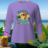 Purple long-sleeve shirt with cartoon seahorse wearing sunglasses and text 