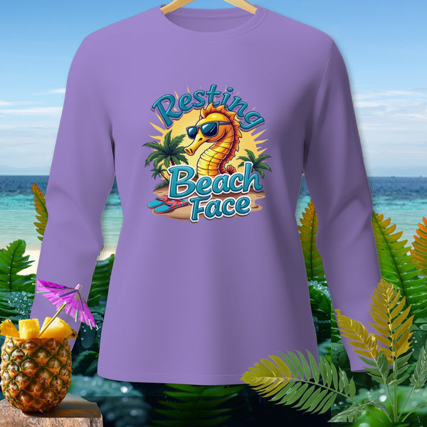 Purple long-sleeve shirt with cartoon seahorse wearing sunglasses and text "Resting Beach Face."