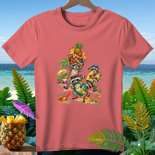 T-shirt with cartoon raccoons having a beach picnic with tropical fruit and chips.