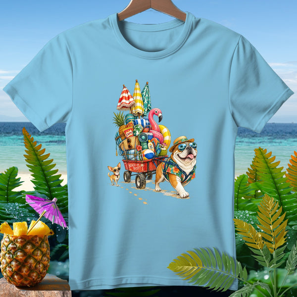 Bulldog and chihuahua pulling wagon overflowing with beach items.