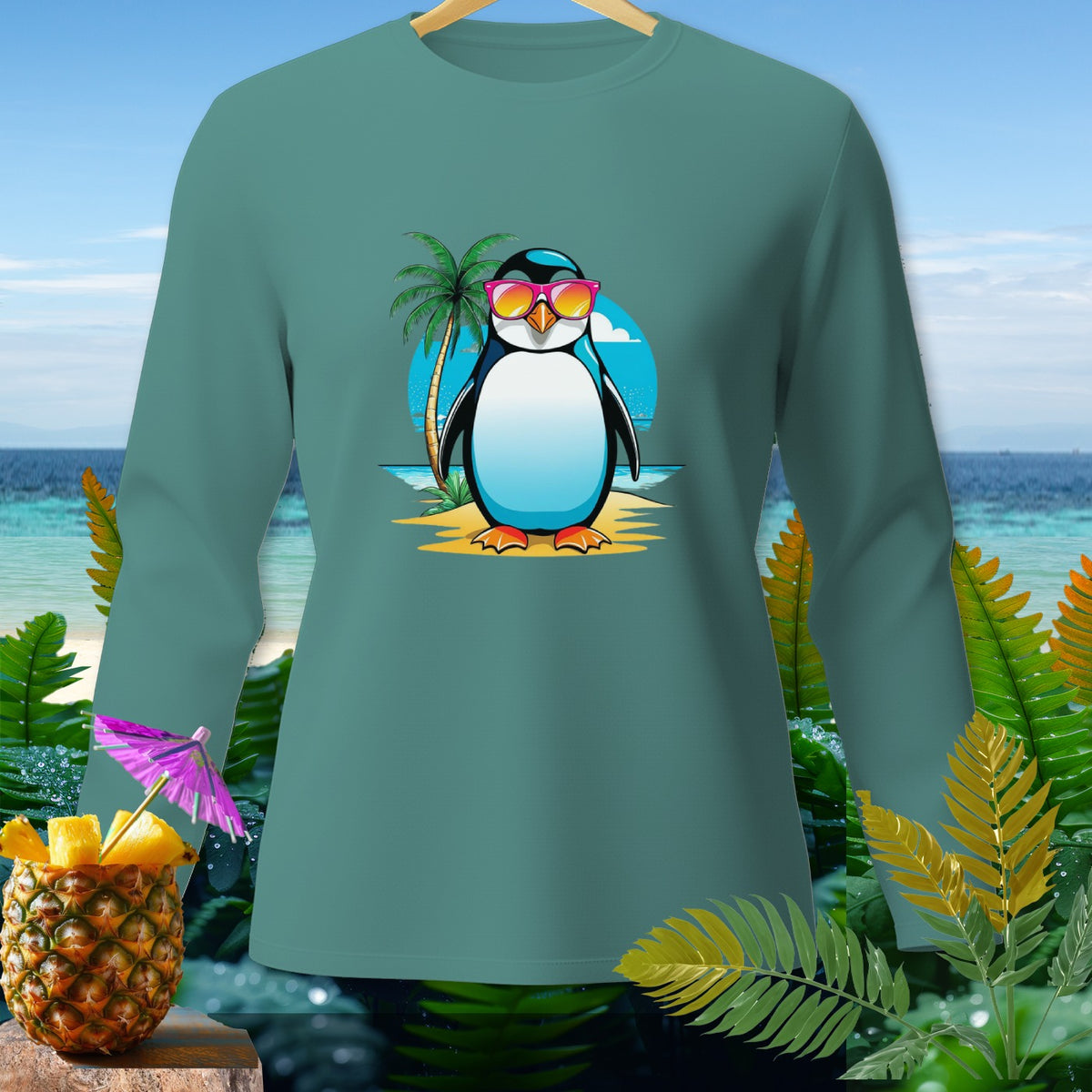 Teal long-sleeve shirt with a graphic of a penguin wearing sunglasses on a beach.