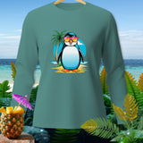 Teal long-sleeve shirt with a graphic of a penguin wearing sunglasses on a beach.