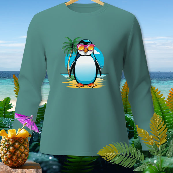 Teal long-sleeve shirt with a graphic of a penguin wearing sunglasses on a beach.