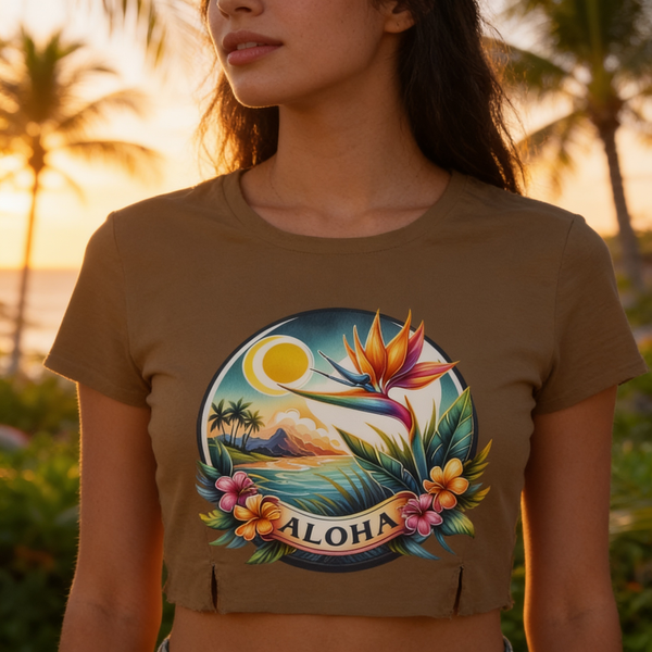 lifestyle scene ~ Aloha Bird of Paradise ~ Women's Bella Crop Top