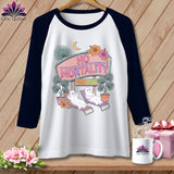 White baseball tee with graphic of ghosts on lounge chairs and 
