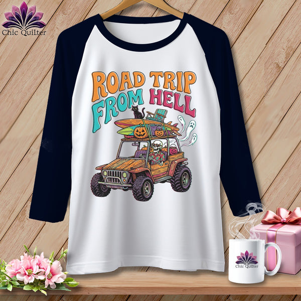 T-shirt graphic: "Road Trip From Hell" with skeletons and pumpkins in a jeep.