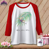 Red and white baseball t-shirt with a gecko on a palm frond and 