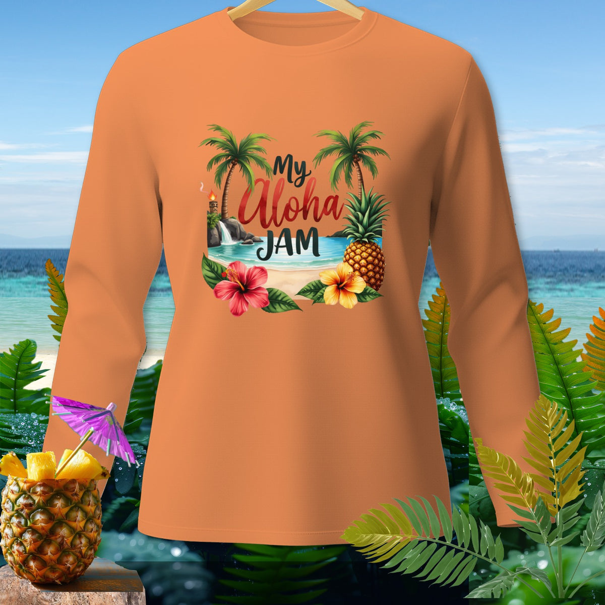Orange long-sleeve shirt with a tropical beach graphic that reads "My Aloha JAM".