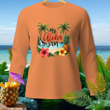 Orange long-sleeve shirt with a tropical beach graphic that reads 