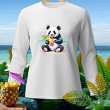 White long-sleeve shirt with a cute panda drinking a cocktail on a beach.