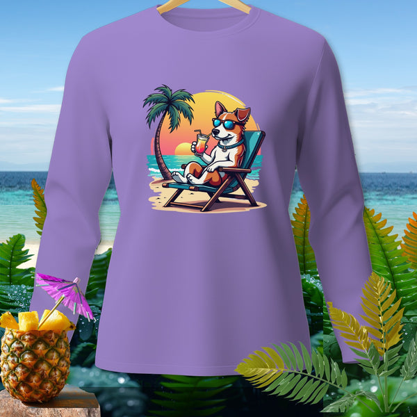 Purple long-sleeve shirt with a cartoon dog lounging on a beach chair.