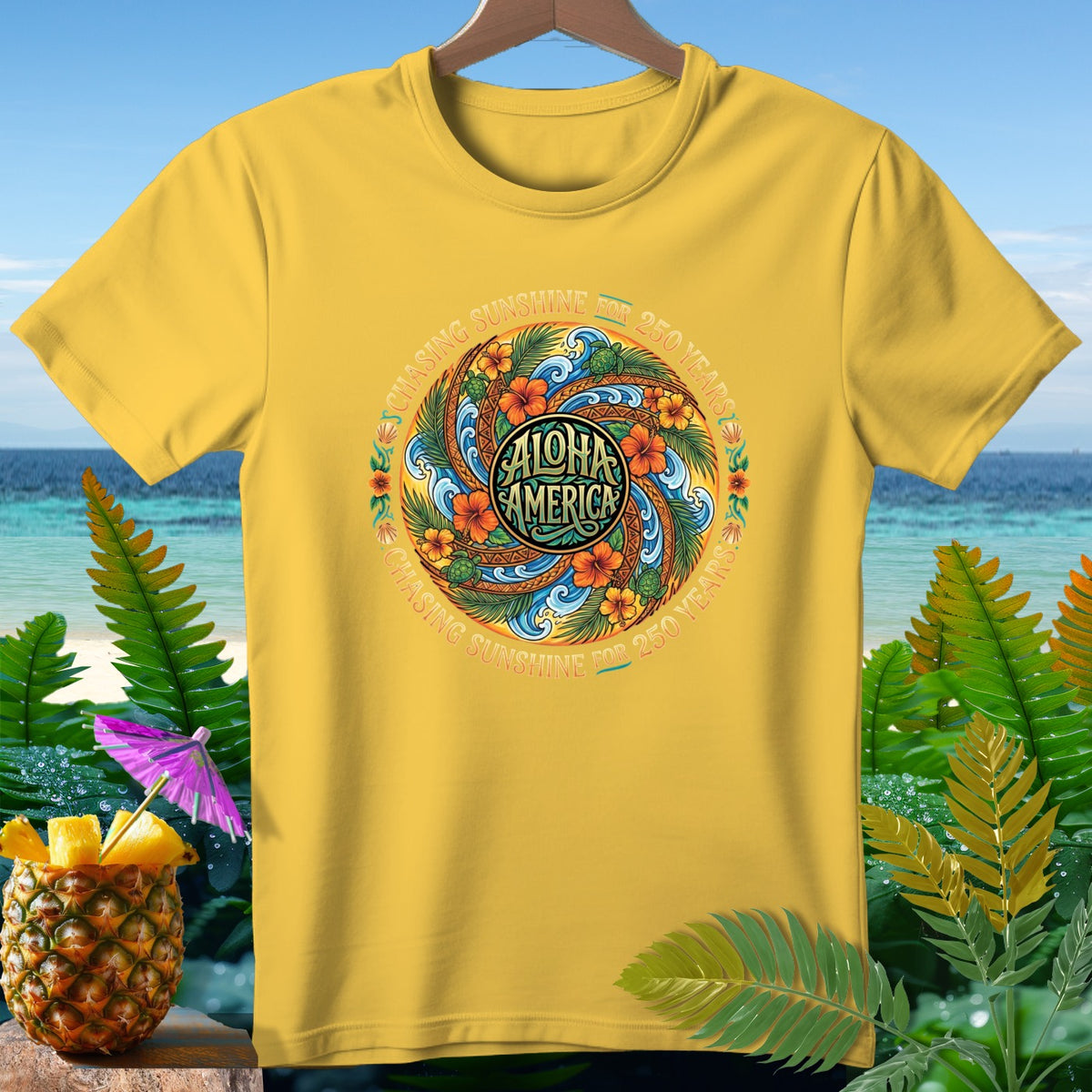Yellow t-shirt with "Aloha America" circular design featuring waves, flowers, and turtles.