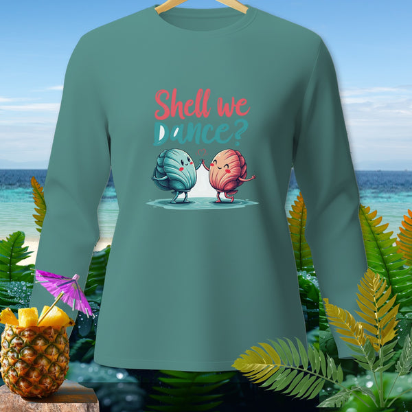 Teal long-sleeve shirt with "Shell we Dance?" text and dancing shells graphic.