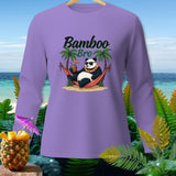 Purple long-sleeve shirt with panda relaxing in a hammock, 