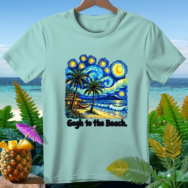 Mint t-shirt with "Gogh to the Beach" text and a Starry Night beach scene.