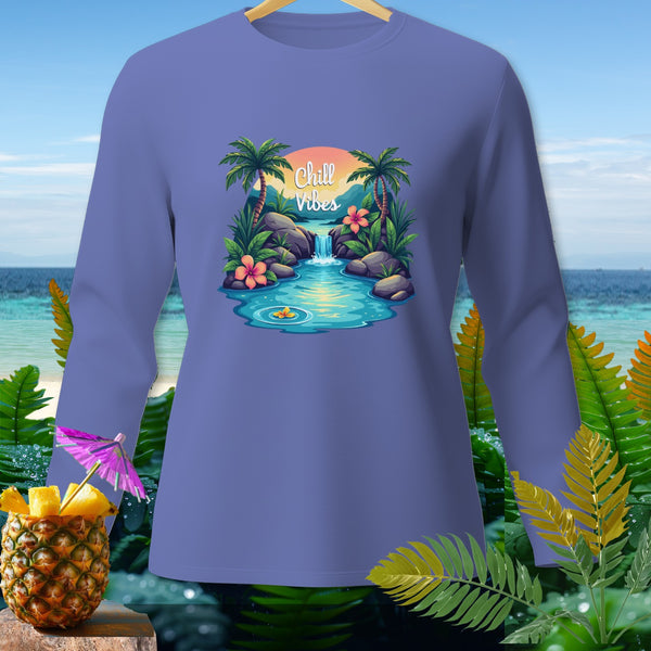 Purple long-sleeve shirt with "Chill Vibes" tropical waterfall graphic.