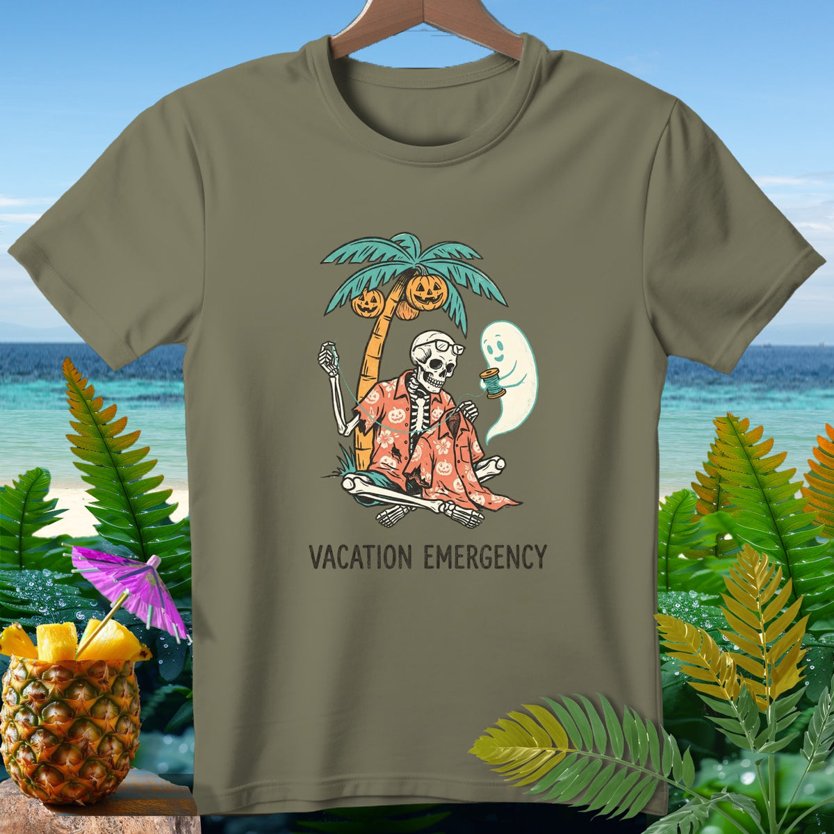 Skeleton, ghost, and pumpkins on a palm tree with text "VACATION EMERGENCY".