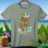 Donkey with parrots and cockatoo surfing on a surfboard.