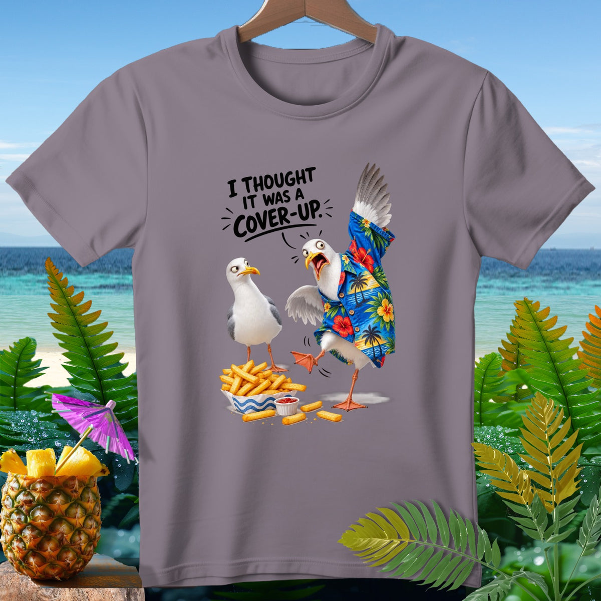 Two seagulls react to fries and ketchup. One reads "I thought it was a cover-up."