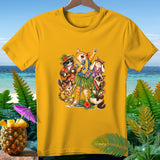T-shirt with cartoon cats wearing Hawaiian shirts and leis performing music.