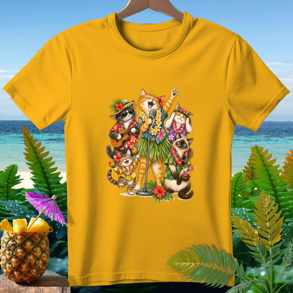 T-shirt with cartoon cats wearing Hawaiian shirts and leis performing music.