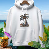 White hoodie with a Halloween-themed palm tree graphic and tropical background.