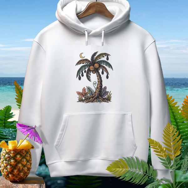 White hoodie with a Halloween-themed palm tree graphic and tropical background.