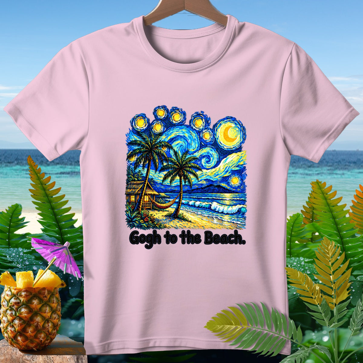 Pink t-shirt with a beach scene in Van Gogh style and text "Gogh to the Beach."