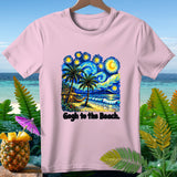 Pink t-shirt with a beach scene in Van Gogh style and text 