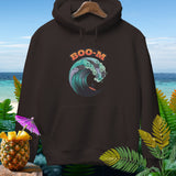 Brown hoodie with a wave graphic featuring ghosts and the text 