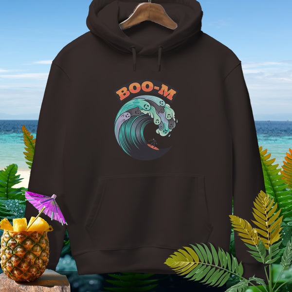 Brown hoodie with a wave graphic featuring ghosts and the text "BOO-M".