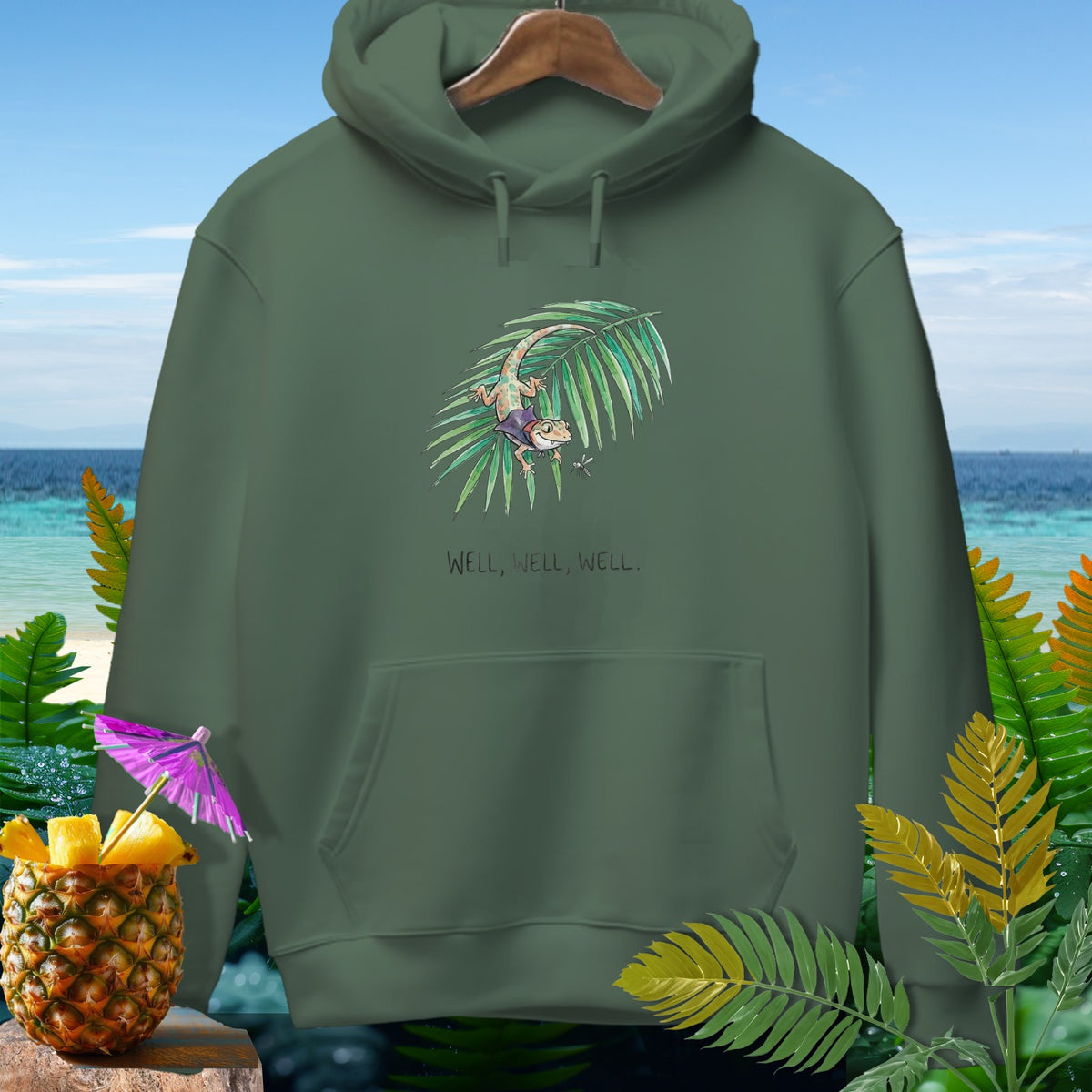 Green hoodie with a gecko on a palm frond and text "Well, Well, Well."