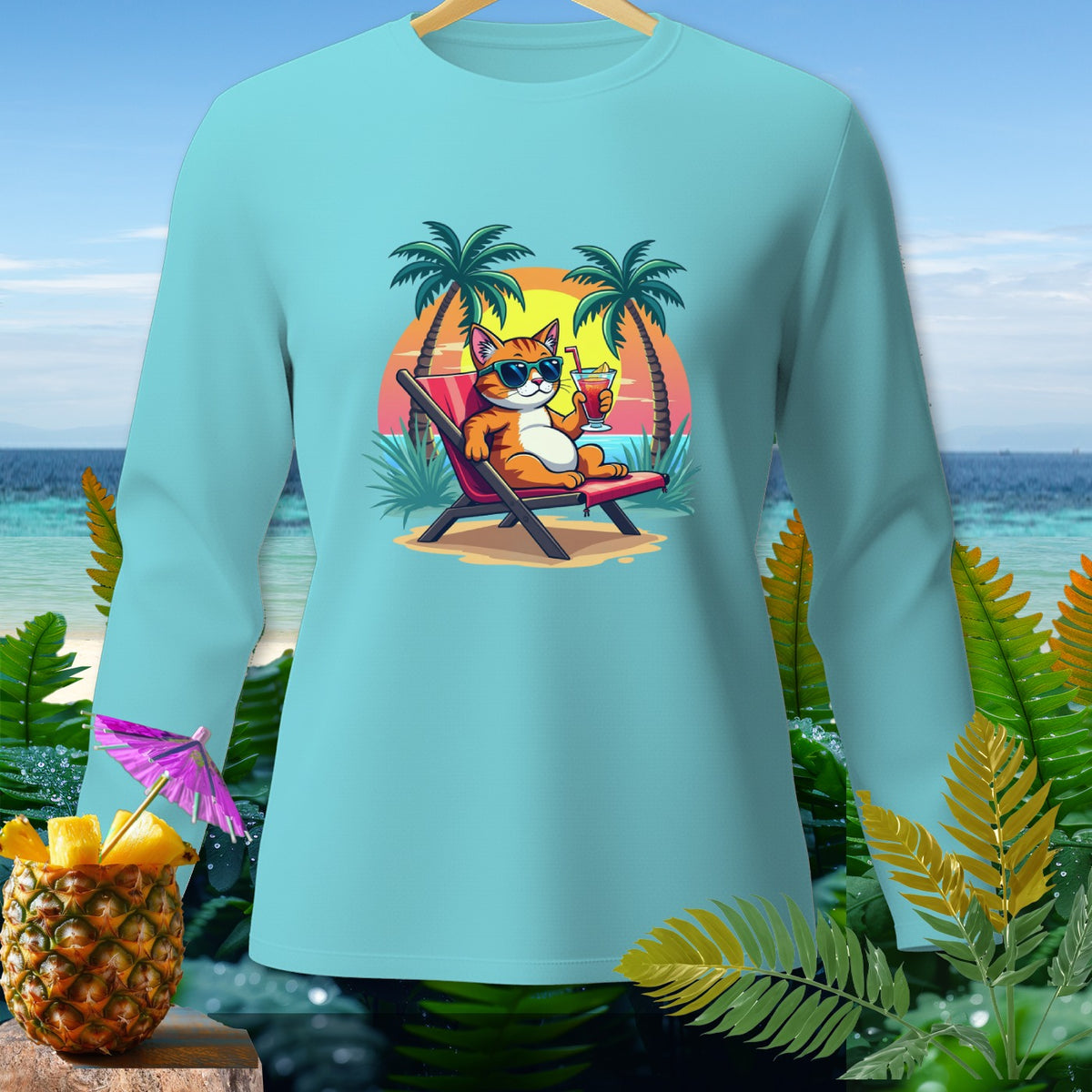Cartoon cat in sunglasses relaxes on a beach chair with a drink.