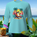 Cartoon cat in sunglasses relaxes on a beach chair with a drink.